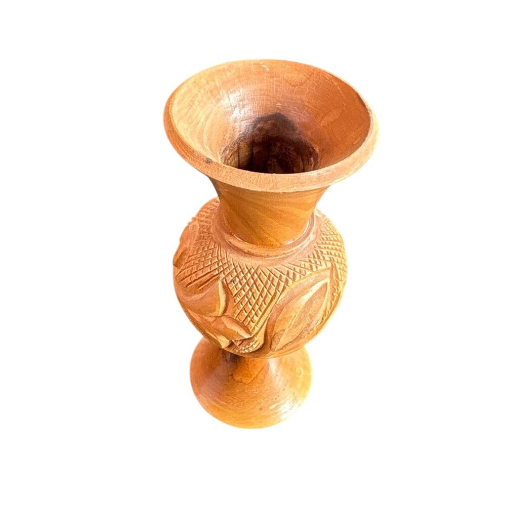 Vintage Mini Wood Carved Decor Florals Medium Brown Bud Vase- 5.5" Neutral Boho - Picture 2 of 7